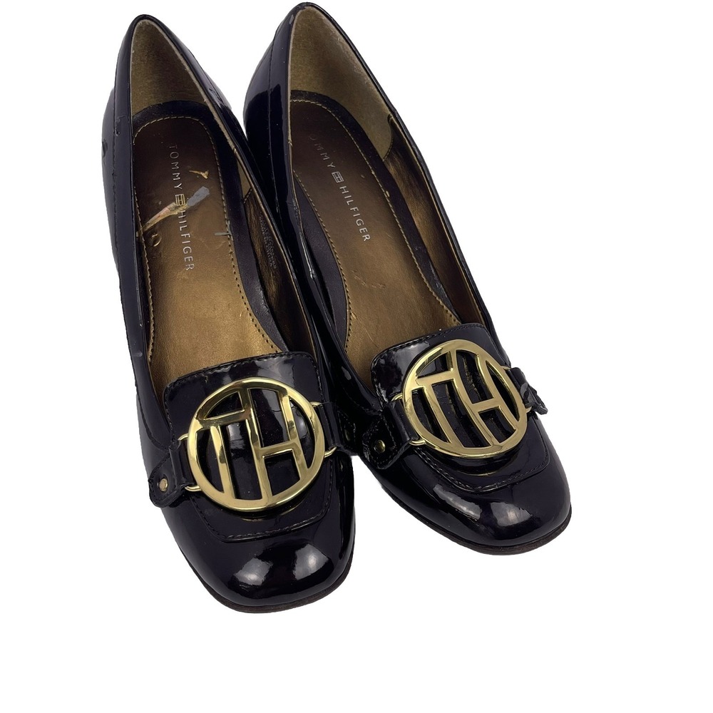 Tommy Hilfiger Black Patent‎ Leather Pumps Heels Gold Logo Detail size 7.5